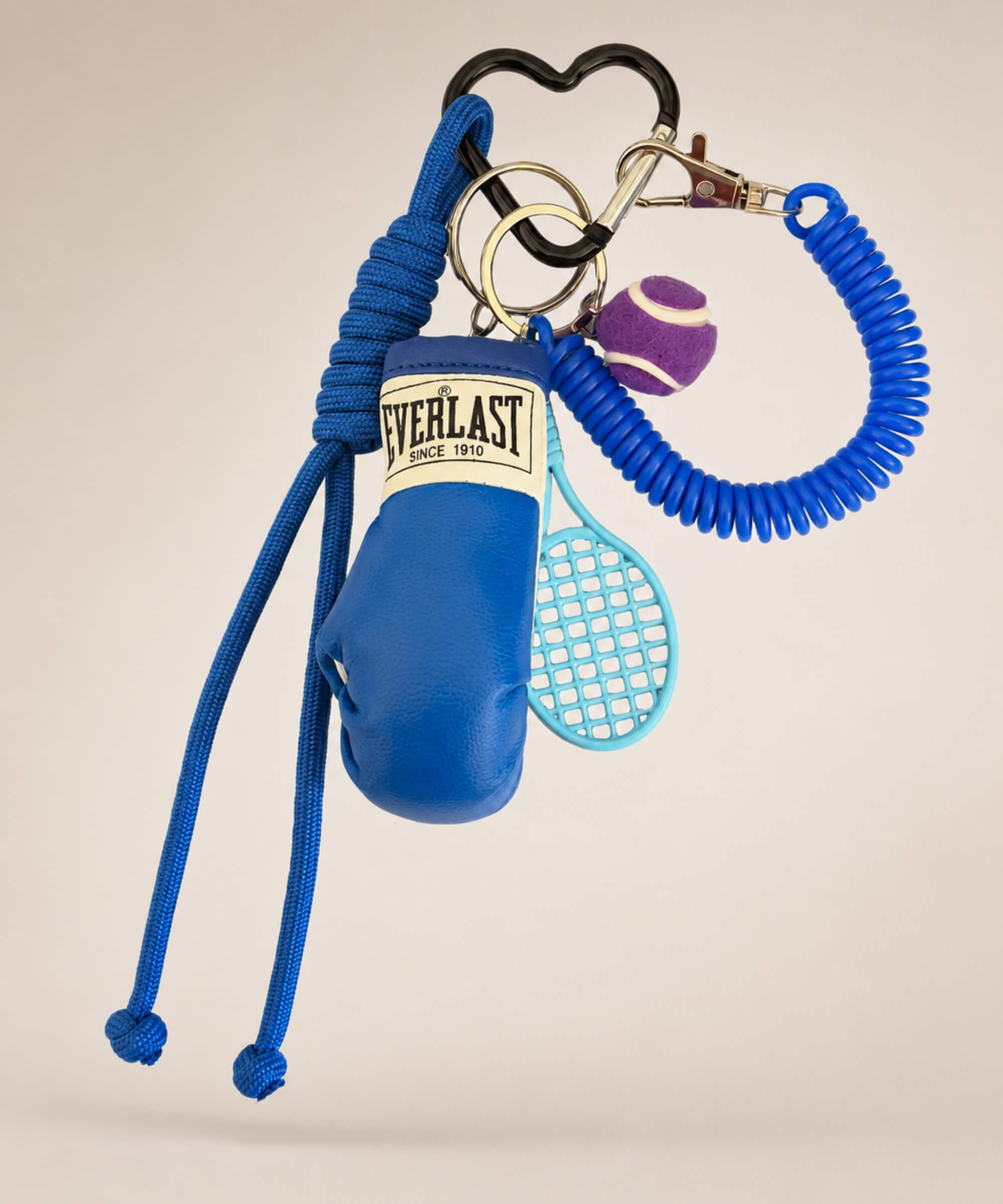 Blue boxing glove and tennis rope keychain with tennis racket and purple tennis ball charm